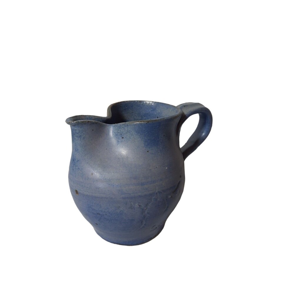 BLUE PITCHER Studio Art Pottery Artist Signed CARR Handle Pinched Rim